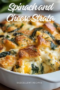 spinach and cheese struda casserole in a white dish on a wooden table