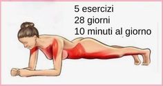 a woman in red swimsuit laying on her stomach with the words 5 esercizi 28 giorni 10 minuti al giano