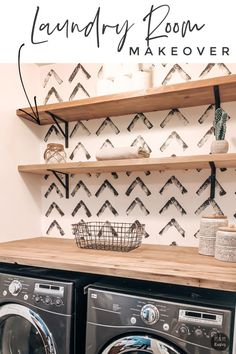 a washer and dryer sitting next to each other in front of a wooden shelf