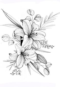 a black and white drawing of flowers