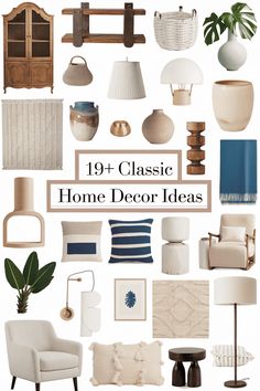 the top ten classic home decor ideas in this postcard style photo collage is all white, blue and beige