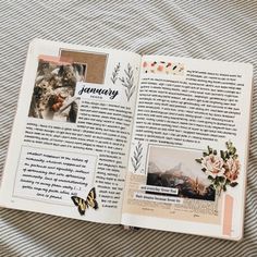 an open book with pictures and words in it on top of a striped sheeted surface