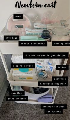 the contents of a baby changing table with labels on it