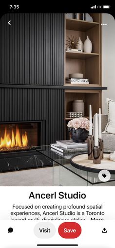 an image of a living room setting with fireplace and bookshelf in the background