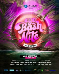 an event poster with the words go beach nice on it and palm trees in the background