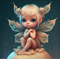 a digital painting of a little fairy sitting on top of a mushroom with wings and flowers in her hair