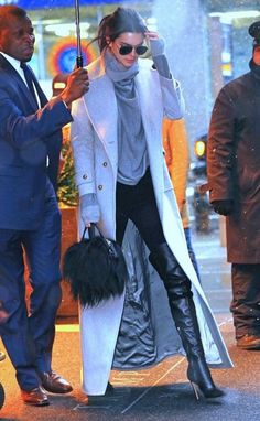 Kendall Jenner Kendall Jenner Street Style, Black Thigh High Boots, Gray Coat, Black Thigh High, Kendall Jenner Outfits, Jenner Style, Grey Coat