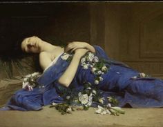 a painting of a woman laying on the ground with flowers in her hair and dress