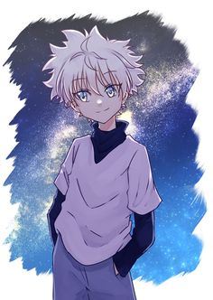 an anime character with white hair and blue eyes, standing in front of the stars