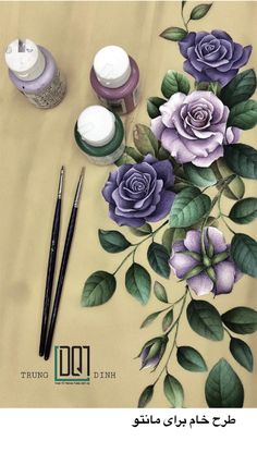 a painting of purple flowers with green leaves and two pens on the table next to it