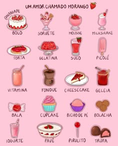 a pink poster with different types of food and drinks on it's side, in spanish