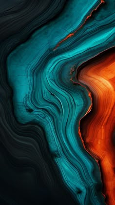 an abstract painting with orange, blue and green colors on it's surface in the shape of waves