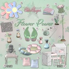 an image of flower power poster with flowers and other things on it's side