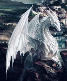 a white dragon sitting on top of a rock next to a body of water with buildings in the background