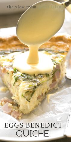 an egg being drizzled over a slice of quiche