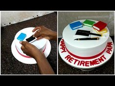 there is a cake that says happy retirement day on the side and someone holding a cell phone in front of it