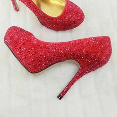 Red Rhinestone Heels For Prom, Red Embellished Closed Toe Heels, Elegant Red Heels With Rhinestones, Red Rhinestone Wedding Heels, Red Fitted Heels With Rhinestones, Embellished Crystal Heels With Round Toe, Fitted Red Heels With Rhinestones, Crystal Embellished Heels With Round Toe, Crystal Heels With Rhinestones And Round Toe