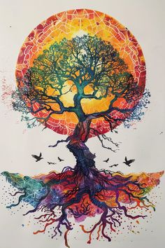 a painting of a tree with colorful roots and birds flying in the sky above it