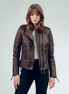 Women's Cafe Racer Leather Biker Jacket In Dark Brown Cafe Racer Leather Jacket For Motorcycling In Fall, Fall Cafe Racer Biker Jacket For Motorcycling, Fitted Moto Biker Jacket, Fitted Winter Motorcycling Outerwear, Cafe Racer Biker Jacket With Long Sleeves For Fall, Fall Moto Outerwear For Motorcycling, Fitted Quilted Biker Outerwear, Winter Cafe Racer Style Long Sleeve Outerwear, Fall Cafe Racer Long Sleeve Outerwear