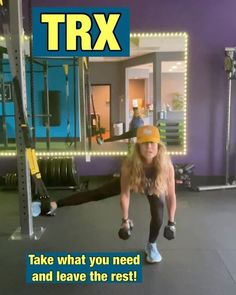 a woman is standing on one leg in a crossfit gym with the caption trx take what you need and leave the rest