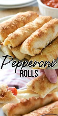 pepperoni rolls on a plate Premade Pizza Dough, Homemade Pepperoni Rolls, Pepperoni Rolls Recipe, Pepperoni And Mozzarella, Homemade Pepperoni, Pizza Roll Recipe, Refrigerated Pizza Dough, Pepperoni Rolls, Mozzarella Cheese Sticks