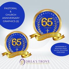 two blue and gold anniversary badges with the words, 65th anniverary and 25th anniversary