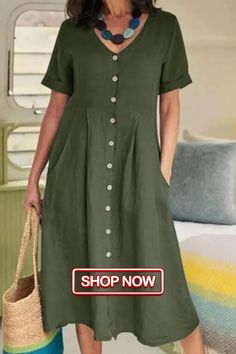 Women's V-neck Cotton Linen Beach Casual Loose Button Dress Casual Green V-neck Shirt Dress, Summer V-neck Shirt Dress With Buttons, Casual V-neck Shirt Dress For Vacation, Casual Cotton Shirt Dress In Solid Color, Casual Shift Shirt Dress, Cotton Solid Color Shirt Dress For Daywear, Cotton Shirt Dress In Solid Color For Daywear, Cotton Button-up Solid Color Dresses, Casual Solid Color Knee-length Shirt Dress