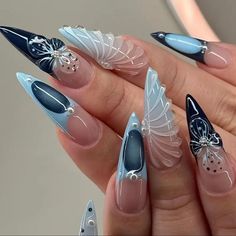 Blue 3d Nails, Ocean Nails, Unghie Sfumate, Long Almond, Long Stiletto, Nagel Tips, Manicure Diy, Manicure Tips, Nail Type