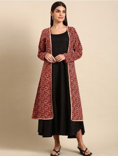 * Women A-line Kurta With Jacket  * Colour: black and red * Solid * Shoulder straps * Sleeveless, no sleeves * A-line shape with regular style * Calf length with flared hem *Fabric:- Cotton and Viscose  *Wash Care:- Machine-wash AVAILABLE IN 7 SIZES THEY ARE IN FOLLOWING MEASUREMENTS IN INCHES:- XS:- Bust:-34/To Fit Waist-28/Length-51.5/Hip-34 S:- Bust-36/To Fit Waist-30/Length-51.5/Hip-36 M:- Bust-38/To Fit Waist-32/Length-51.5/Hip-38 L:- Bust-40/To Fit Waist-34/Length-51.5/Hip-40 XL:- Bust-42/ Festive Black Long Sleeve Outerwear, Red Long Festive Outerwear, Festive Red Long Outerwear, Festive Black Spring Outerwear, Festive Long Red Outerwear, Jacket Kurti, Kurta With Jacket, Kurti Black, Kurti With Jacket