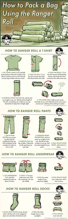 instructions for how to pack a bag and roll the ranger's shirt in 3 easy steps