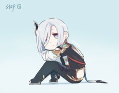 an anime character with white hair sitting on the ground