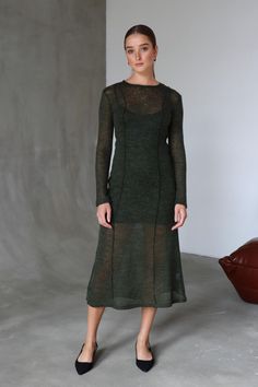 Transparent Dress Green Wool Dress Womens Dresses Sheer Dress See Through Dress Womens Wool Midi Dress Long Sleeve Dress Fall Dress Two Dresses Set  Elegant transparent green midi dress for women made of transparent knitwear with a loose structure. Semi-fitting silhouette dress. See-Through wool dress with decorative seams are postponed to the outside. Long sleeve wool winter dress with lace-tie on the back for better fit. The set consists of 2 units: the top (wool dress with long sleeves), the bottom (jersey cotton  dress with  spaghetti straps). You can wear them both together and separately, choosing other layers underneath. Occasions: evening, daily, casual, outdoor, holiday. DETAILS ⚬ outside seams ⚬ transparent knit dress ⚬ long sleeves dress ⚬ stright silhouette dress ⚬ back waist t Black Transparent Dress, Long Sleeve Dresses Fall, Midi Dress Long Sleeve, Transparent Dress, Dresses Fall, Fall Winter Dresses, Long Sleeve Knit Dress, Fall Dress, Crewneck Dress