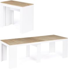 two white tables with wooden tops on a white background