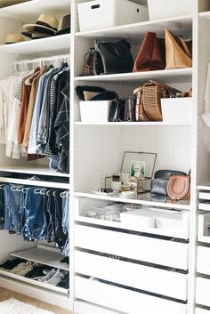 an organized closet with clothes and handbags