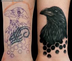 two tattoos on the legs of people with black and grey ink, one has a bird and honeycombs