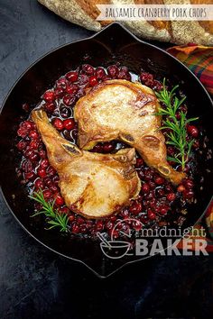 roasted chicken with cranberry sauce in a skillet