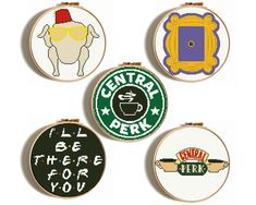 four embroidery hoops with different types of coffee related items on them, all in various colors and sizes