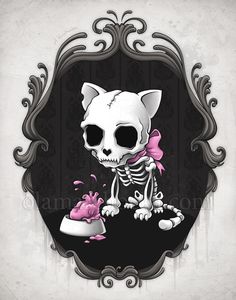 a cat skeleton with pink bow sitting in front of a mirror