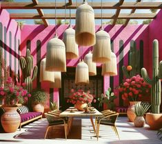 an outdoor dining area with potted plants and hanging lamps over the table, in front of a pink wall