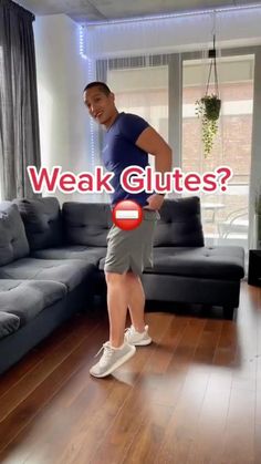 a man standing in front of a couch with the words weak glites on it