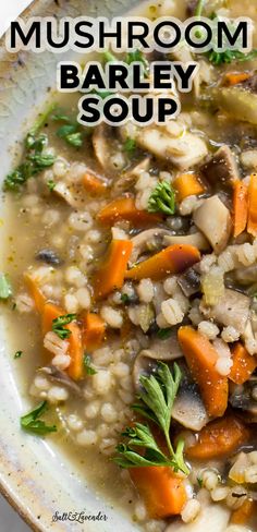 mushroom barley soup with carrots and parsley in a white bowl on a table