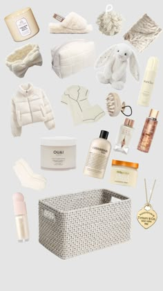 an assortment of personal care items arranged on a white background