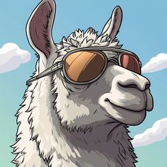 a llama wearing sunglasses with clouds in the background