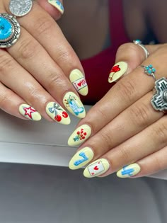 Noah Kahan Nail Ideas, Ole Miss Nails, Fair Nail Ideas, Bach Trip Nails, Country Inspired Nails, Tennessee Nails Designs, Fiesta Nails Designs, 90s Style Nails, Nails For Friends