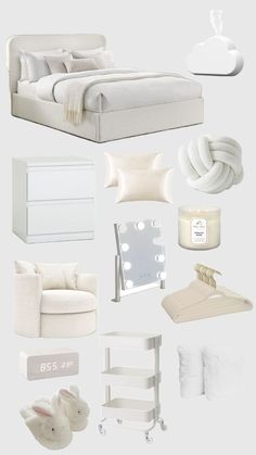 a white bedroom is shown with all the items needed to make it look like they are floating