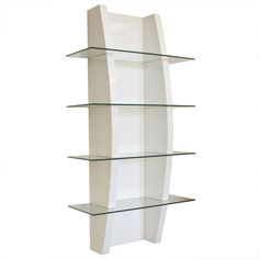 a white shelf with three glass shelves on each side and one empty shelf in the middle