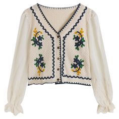 Size (CM) Dress Length Chest Sleeve One size 45 82 54 Pretty Cardigans, Embroidered Crochet, Patch Work Blouse, Cardigan Design, Crochet Shirt, Shirt Embroidery, Crop Blouse, Office Ladies, Women Lace