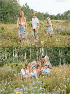 three children and their mom are in the grass