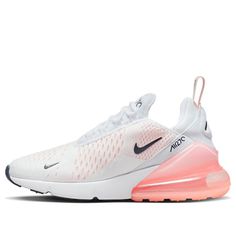 The Nike Air Max 270 'White Bleached Coral' is the perfect combination of style and comfort. Inspired by the classic Air Max silhouette, the sneaker features a large window and a unique colorway that showcases Nike's innovation. The white upper is complemented by pink accents, while the rubber sole ensures maximum cushioning. Whether you're running errands or hitting the gym, the Nike Air Max 270 will have you looking and feeling your best. (SNKR/Casual/Women's/Non-Slip/Wear-resistant/Shock-absorbing) 270s Nike Shoes, Cute Air Maxes, 270 Air Max Shoes Outfit, Nike Air 270 Pink, Pink Air Max 270, Nike Shoes Air Max 270 Pink, Nike Shoes Air Max 270, Nike Air Max 270 Colorful, 270 Air Max Shoes