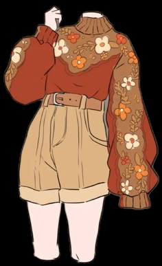 a drawing of a woman wearing shorts and a sweater with flowers on it, standing in front of a white background